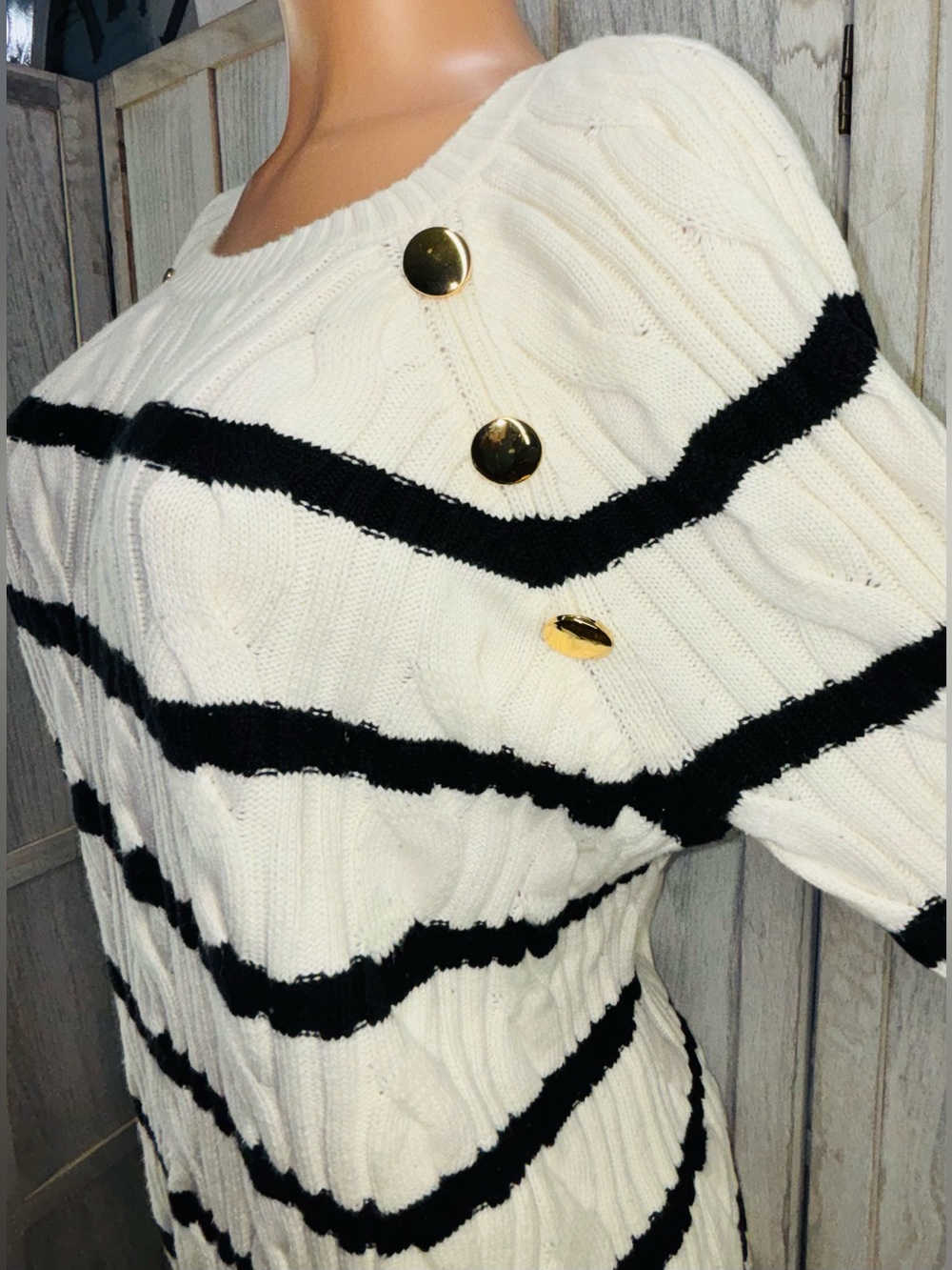 CABLE KNIT CREWNECK SWEATER - BRETON STRIPE - Picture 4 of 13